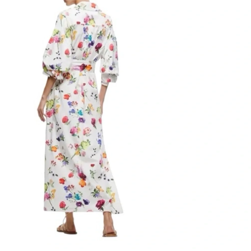 Alice + Olivia White Floral Maxi Shirt Dress with Side Slit - Picture 2 of 12